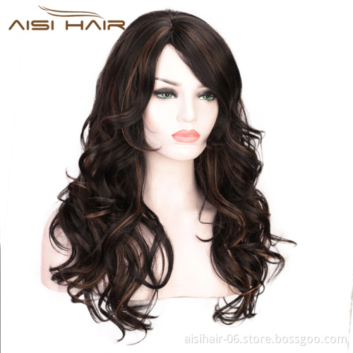 Heat Resistant Black Mixed Black Body Wave Synthetic Long Wavy Fiber Hair Wig For Black White Women Cosplay  Wigs